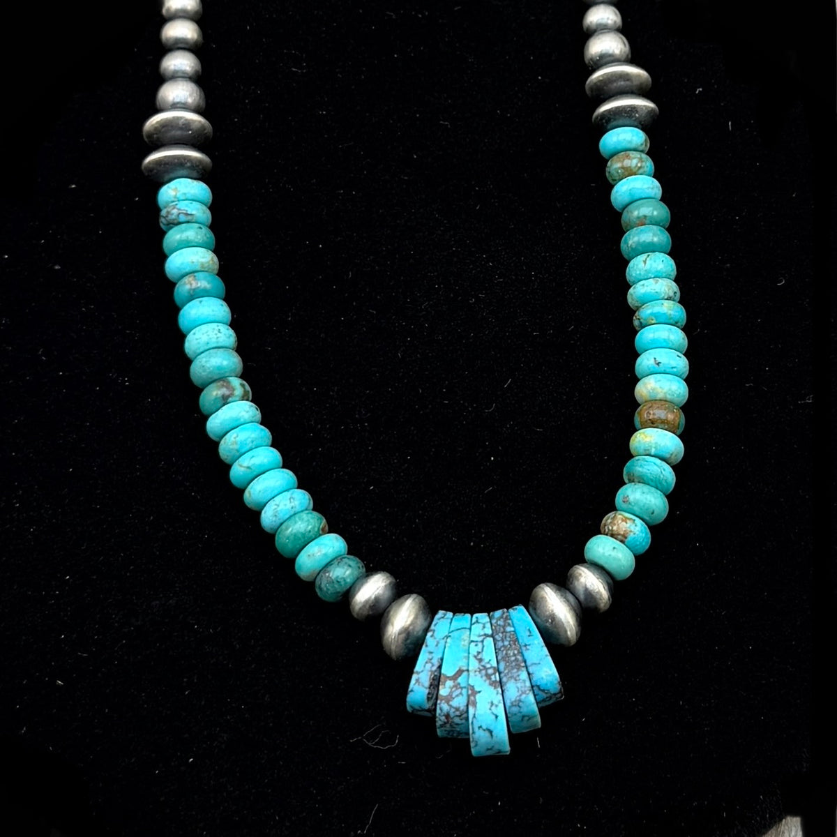 22" Kingman Turquoise Bead Necklace Sterling silver Navajo handmade paperclip Chain