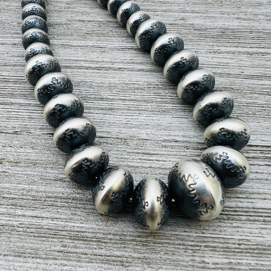 24" Sterling silver Handmade Navajo Pearl Graduated stamped bead necklace Bryannen Halwood signed