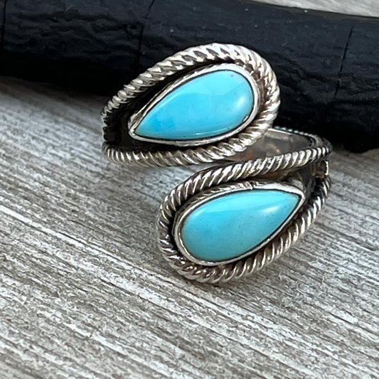 Size 7.5 Light Blue Turquoise Wrap Sterling Silver Ring handmade Kenny Lonjose