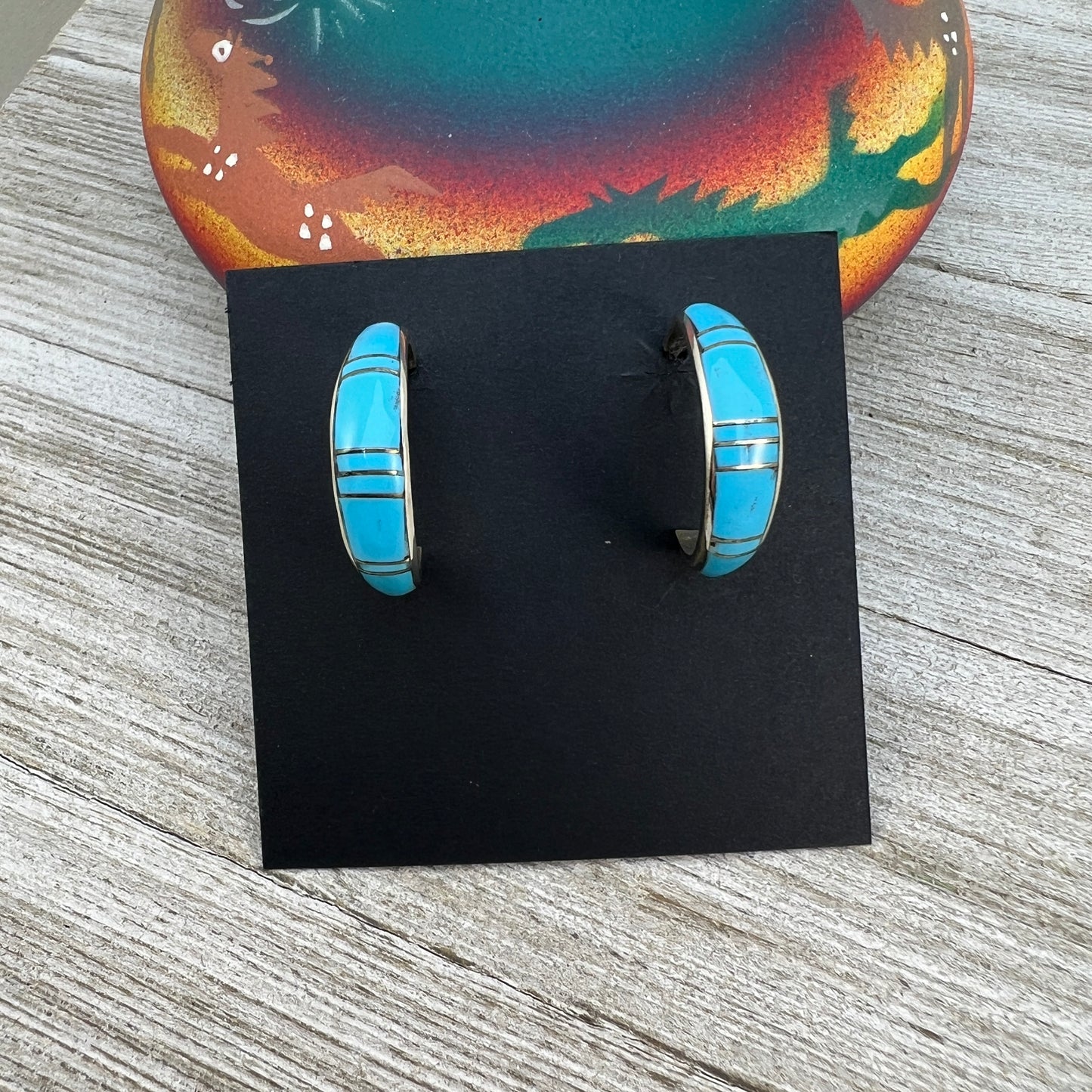 Narrow Turquoise Hoop Inlay Earrings, Zuni artist, Phil Chavez, Sterling Silver Skinny Hoops
