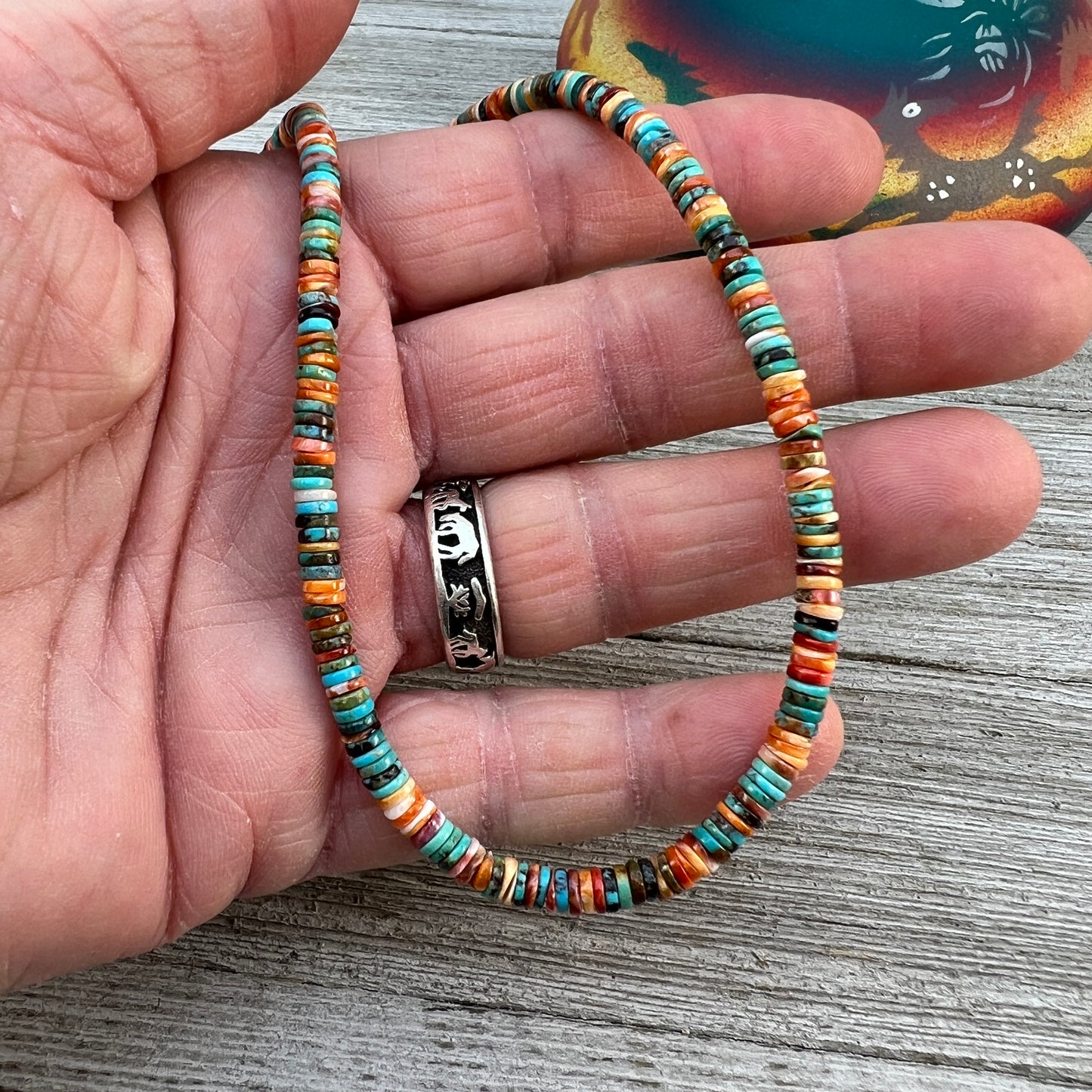 17", 4mm heishi necklace choker, turquoise red orange spiny oyster shell boho necklace