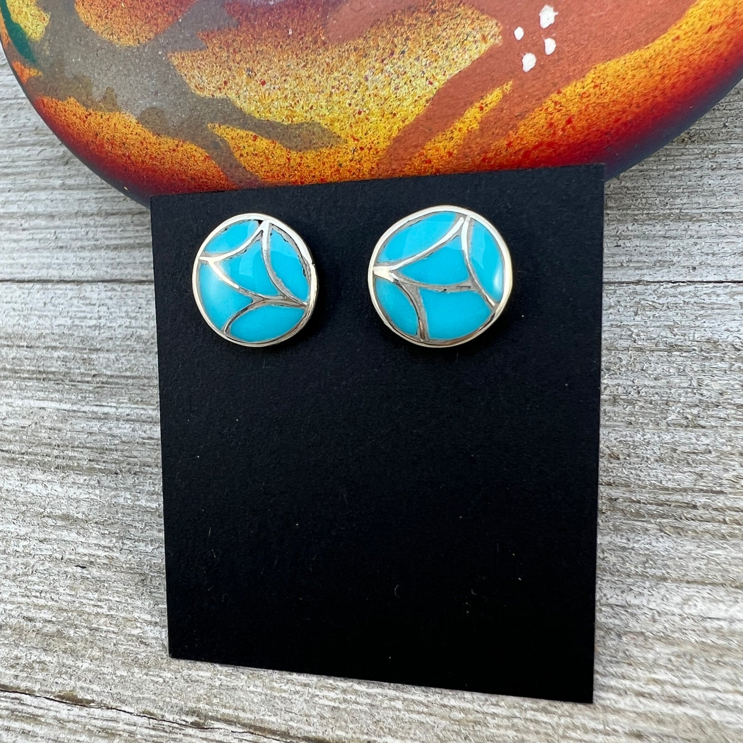 Zuni inlay turquoise fish scale design #3, small round stud earrings, sterling silver, Orena Leekya