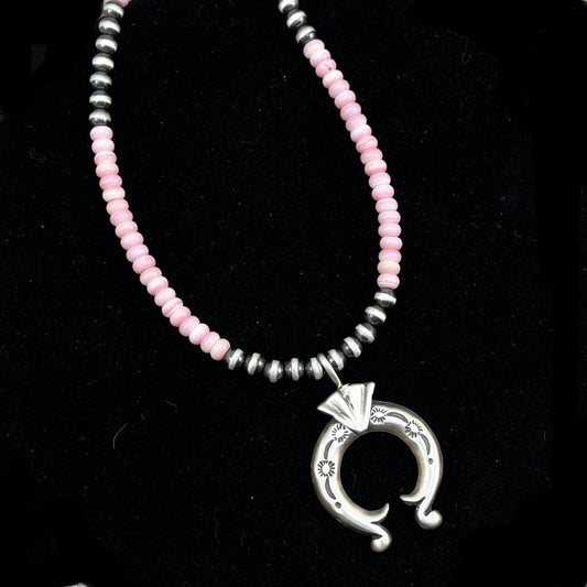 18”, 4mm Pink Conch Shell beads Naja pendant necklace sterling silver Southwest Pearls