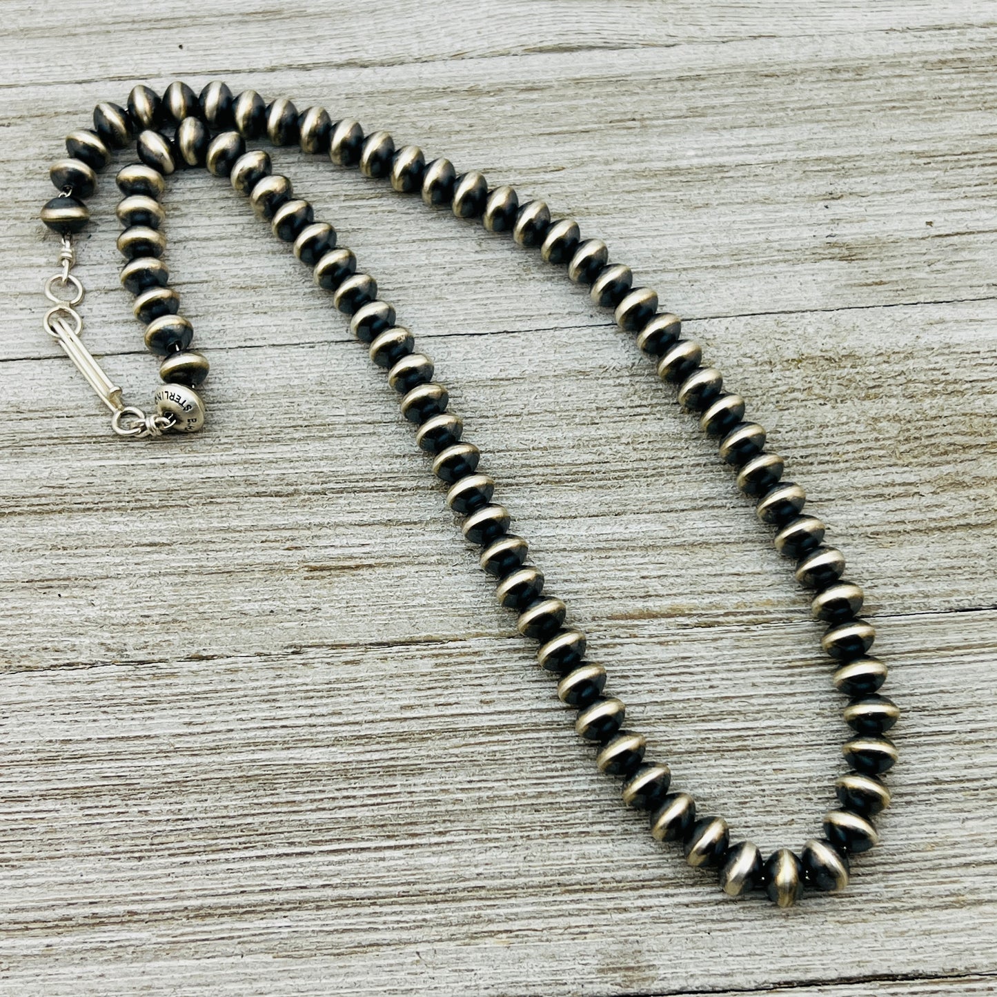 18" Sterling silver Navajo handmade 7mm oval bead Pearl necklace Bryannen Halwood 704