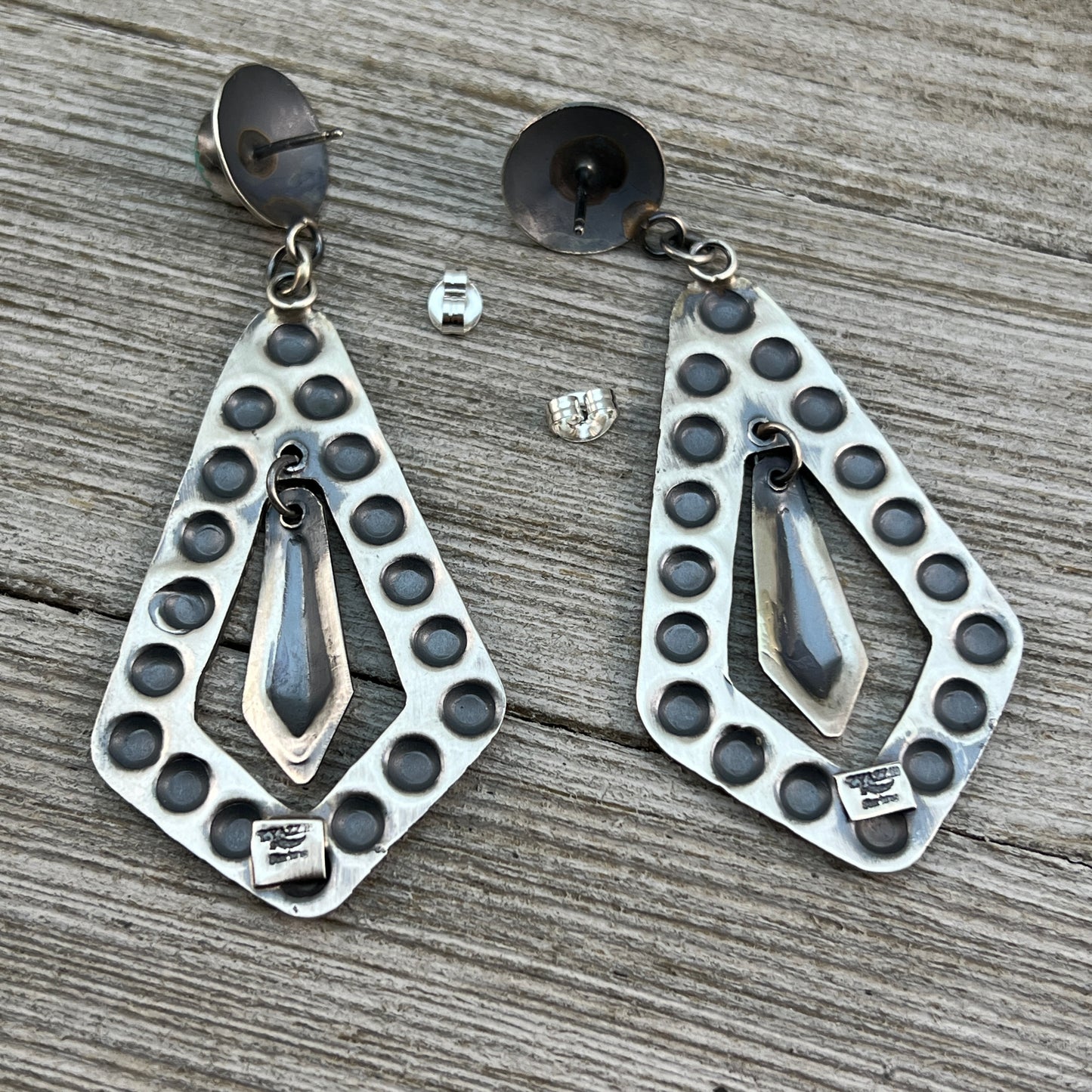 Long Sterling silver Turquoise Hand stamped dangle earrings, Navajo Gabrielle Yazzie 5
