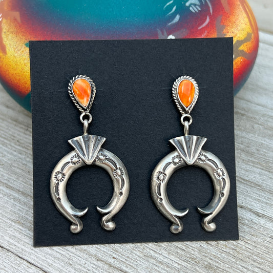 Orange Spiny Oyster Shell dangle Naja earrings sterling silver Navajo Adrienne Gordon 3