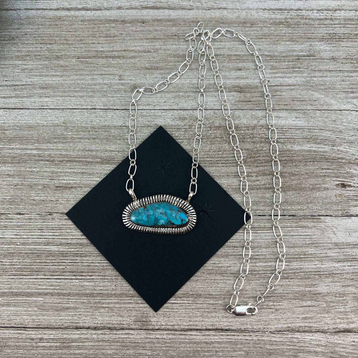 21" Blue Kingman turquoise bar necklace #3, Navajo handmade Charlene Yazzie, sterling silver