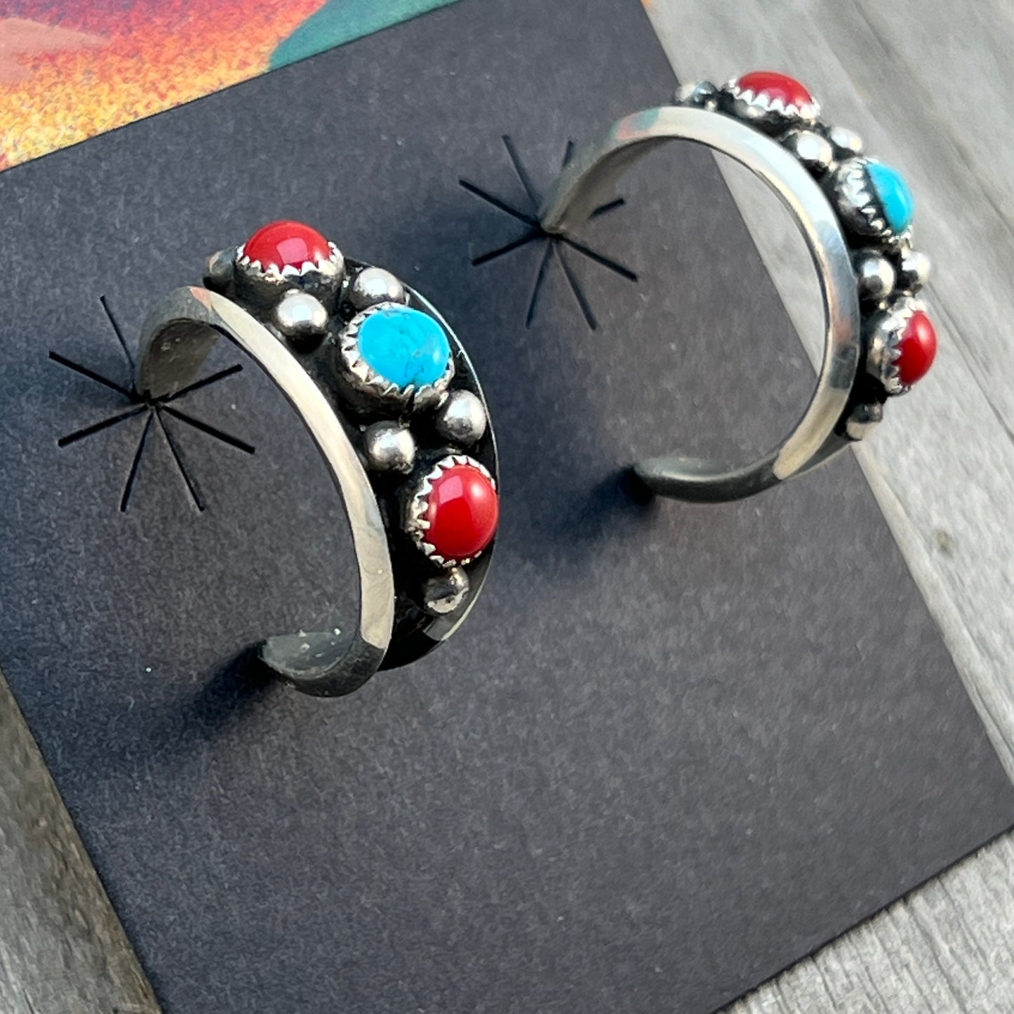 7/8" Turquoise Red Coral Hoop Earrings Navajo handmade by Paul Largo sterling silver 645