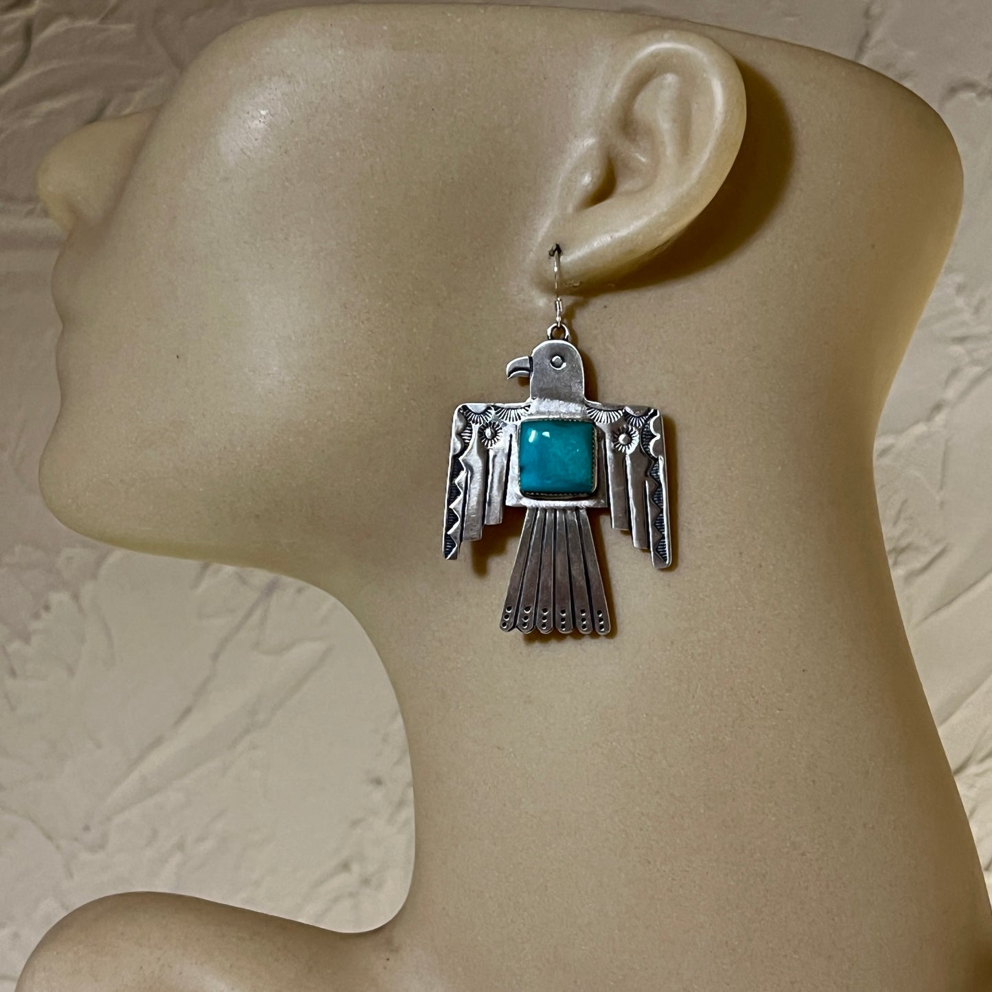 Navajo large Thunderbird dangle earrings sterling silver turquoise Jeremy Delgarito 400