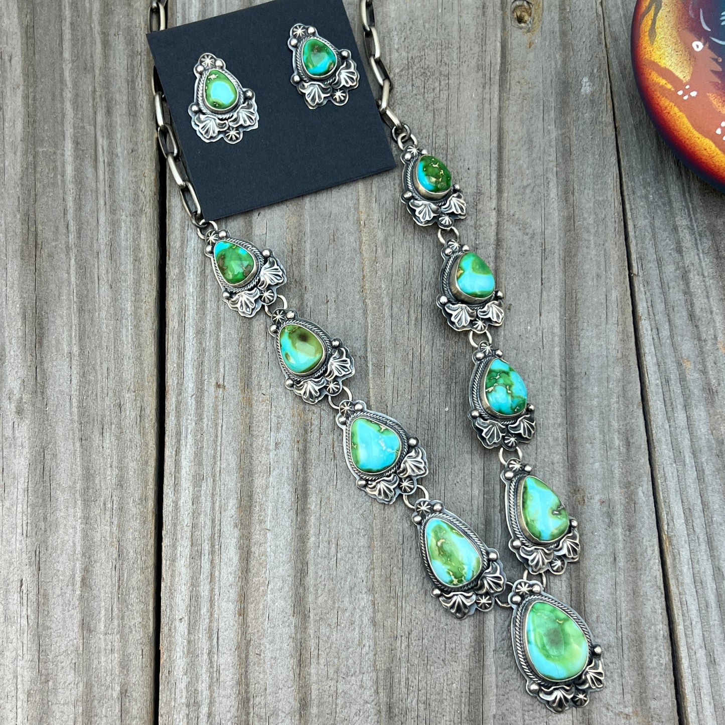 High quality Sonoran Polychrome Turquoise 24" necklace earrings set Randy Boyd 701