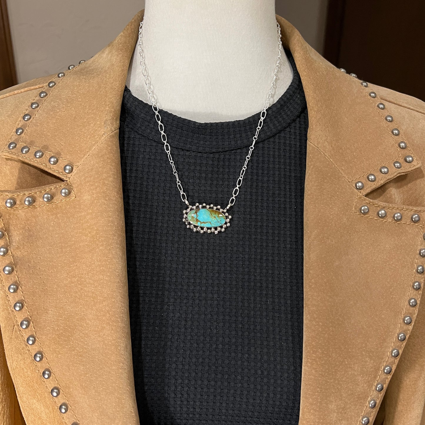 Kingman turquoise oval bar station necklace 5 sterling silver Gregg Yazzie