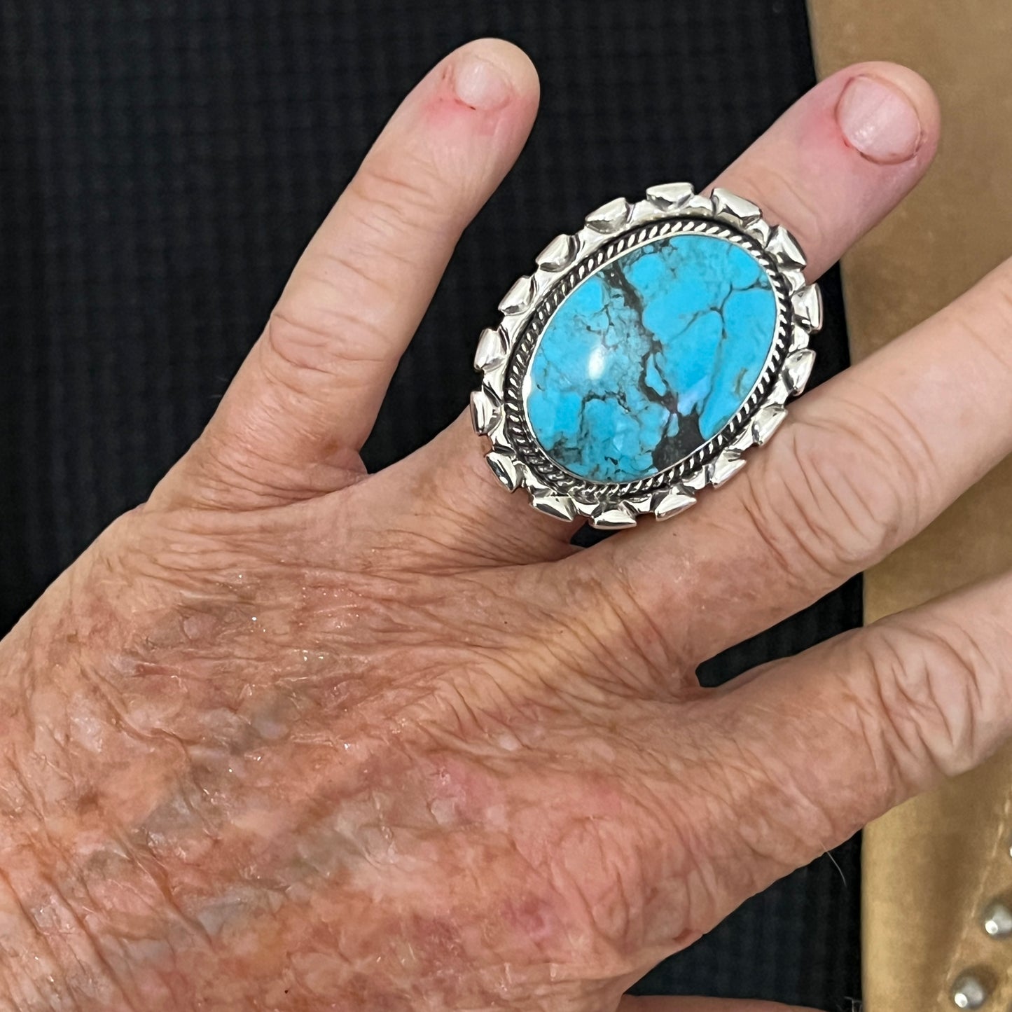 Size 7 Large stone Blue Kingman turquoise statement ring Sterling silver Navajo handmade