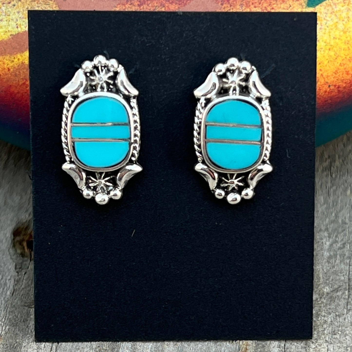 Modern Turquoise Inlay Stud Earrings Sterling Silver James Manygoats Navajo 667
