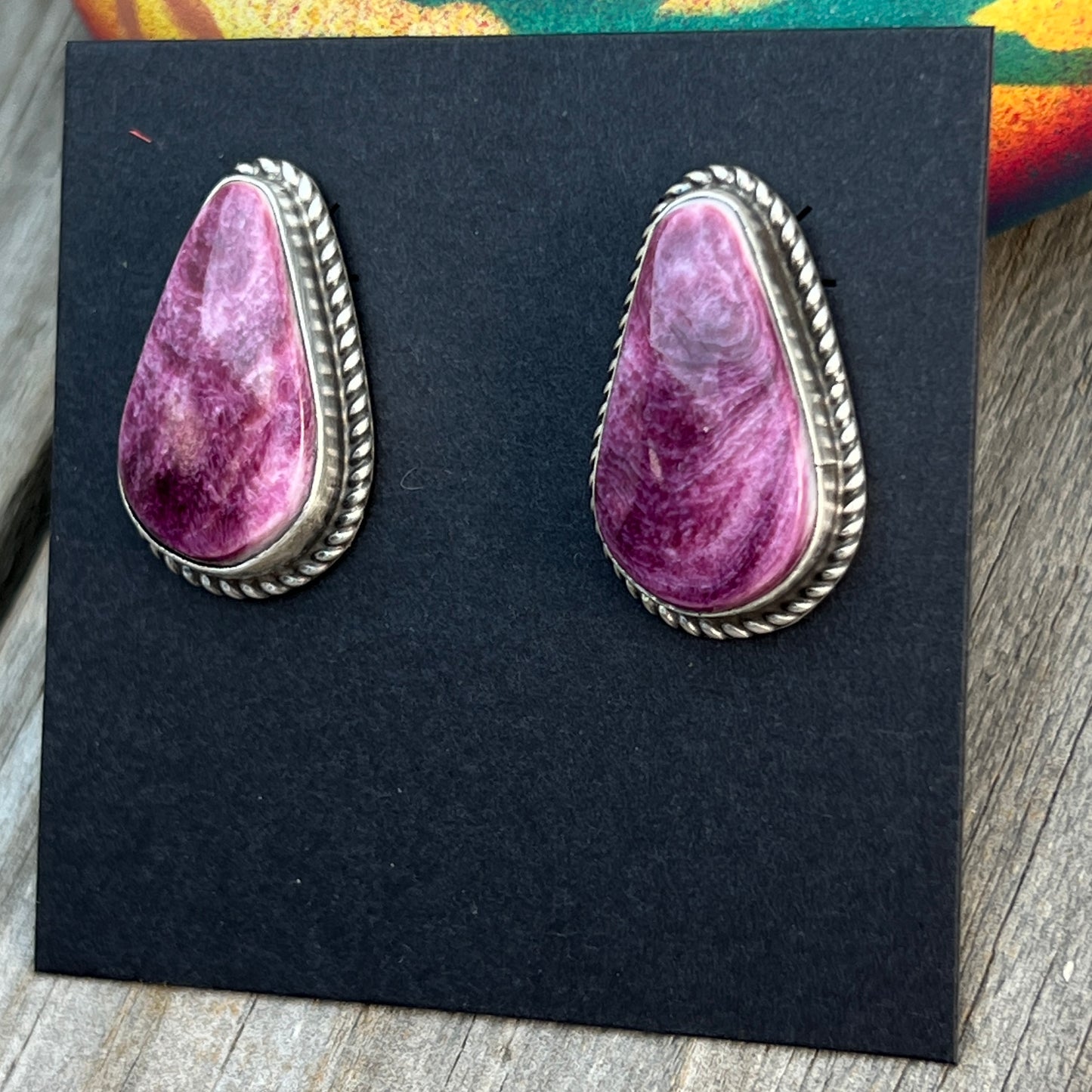Purple Spiney Shell Teardrop stud earrings sterling silver Louise Kee Navajo 726