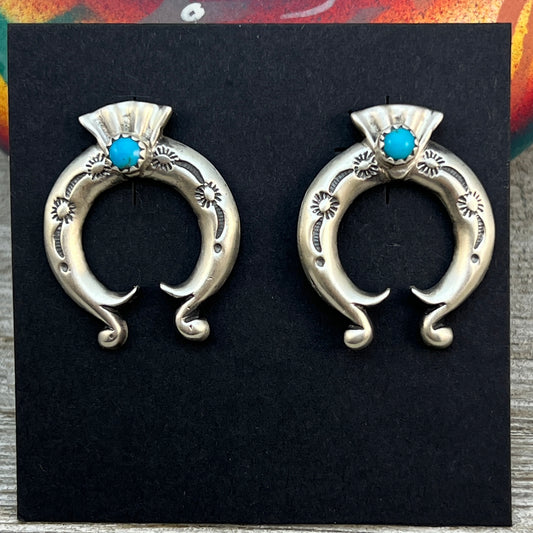 Blue Turquoise Naja stud Earrings Navajo handmade Adrienne Gordan Sterling Silver 3