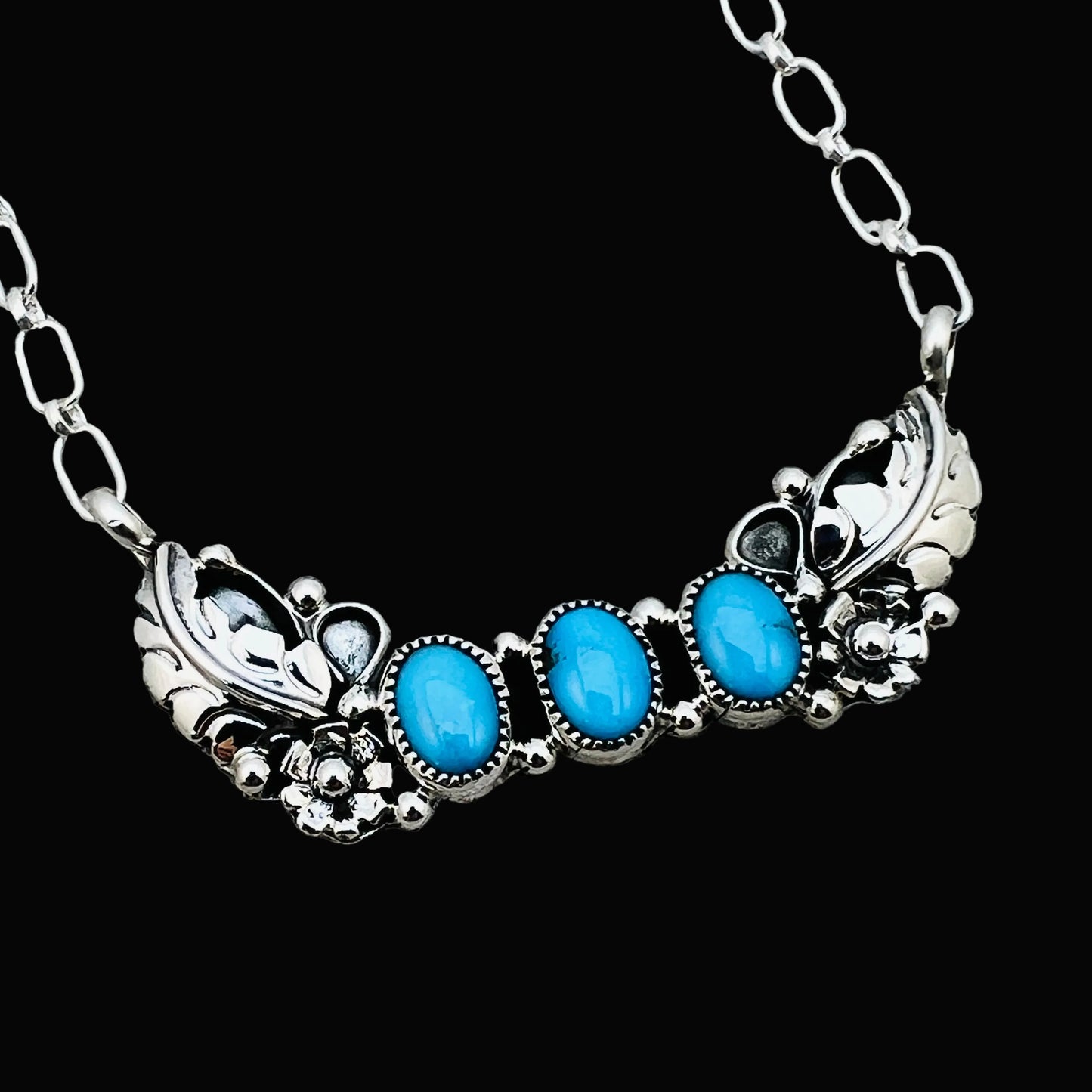 19" adjustable Blue Campitos 3 stone floral bar necklace Sterling Silver NK28