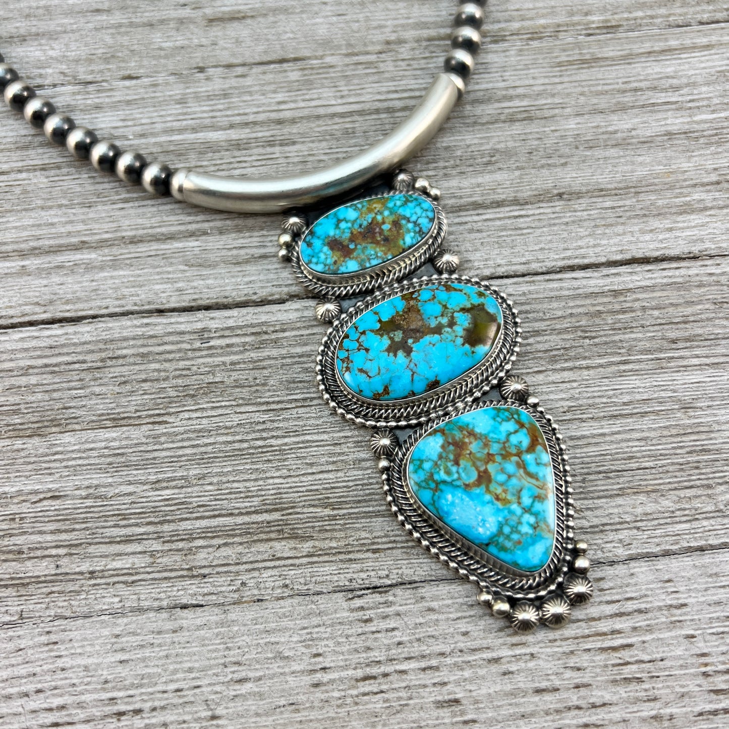 Kingman Turquoise 18" necklace #2, 6mm Sterling silver oxidized beads, Southwest pearls, Navajo, TOM LEWIS