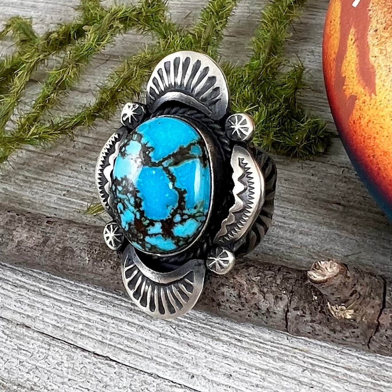 Size 8 / B  Beautiful High Grade, Blue, Kingman spiderweb Turquoise ring, Heavy handmade by Navajo artist, Gilbert Tom, signed,