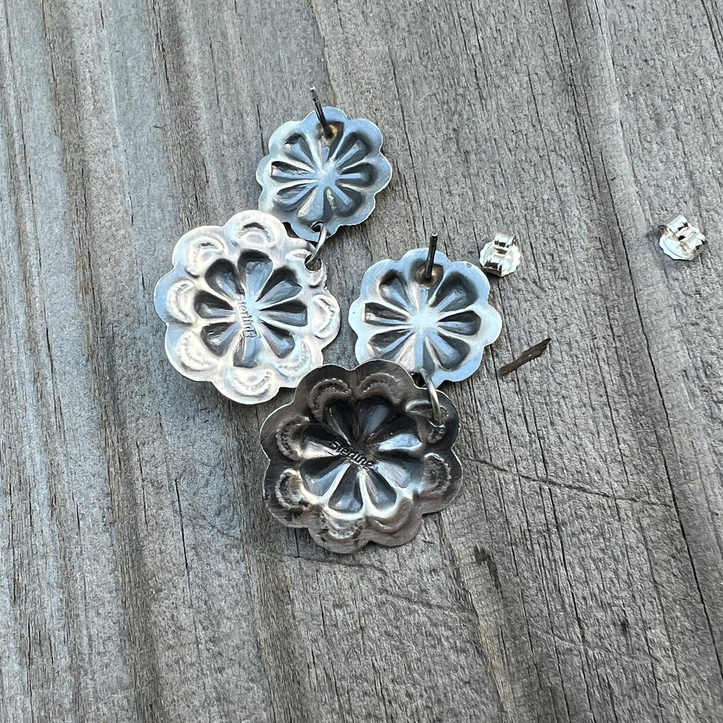 Turquoise stamped concho dangle earrings sterling silver Lavina Benally Navajo 714