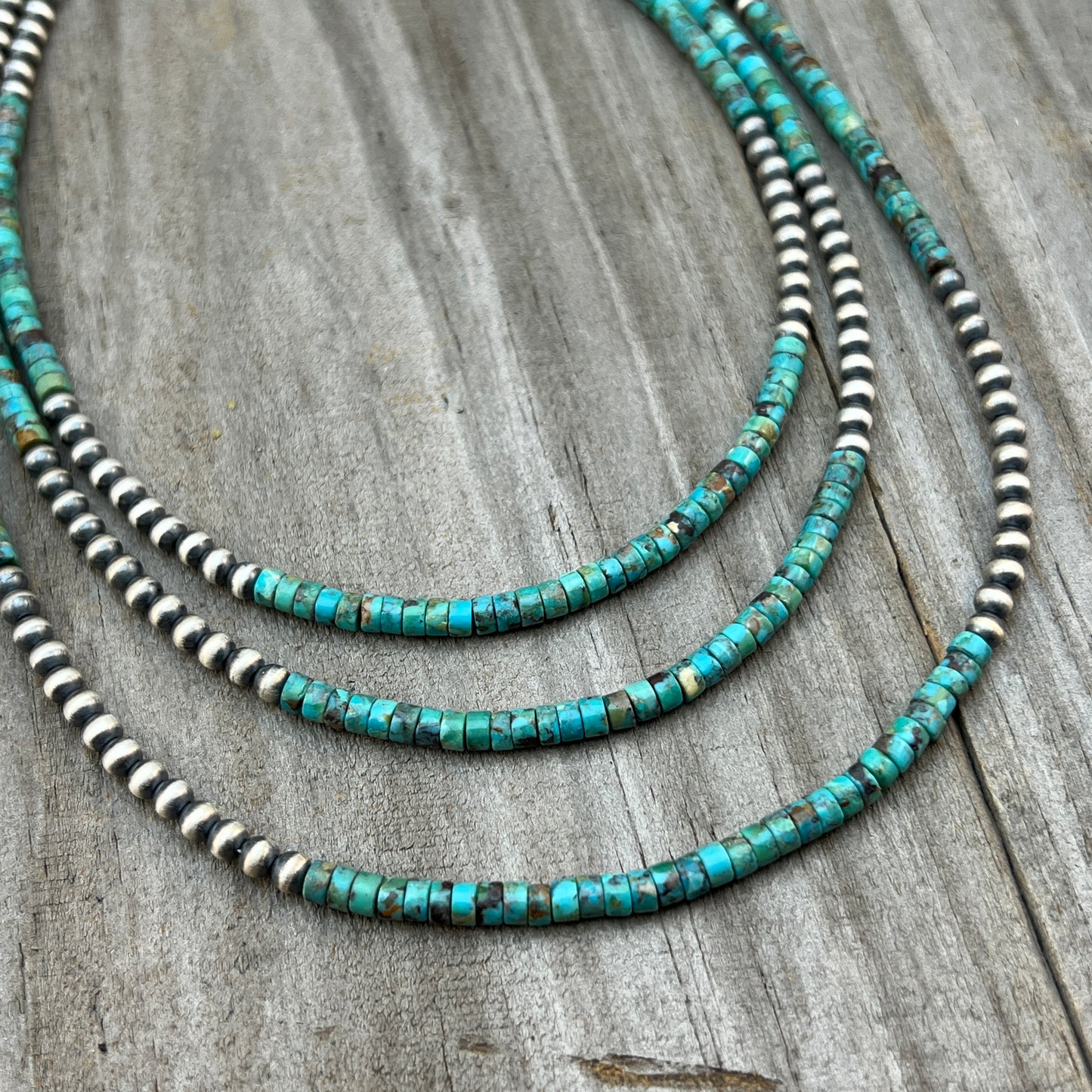 Real 925 sterling silver, 4mm Genuine Turquoise Heishi Necklace Oxidized Rustic Western Pearl Jewelry