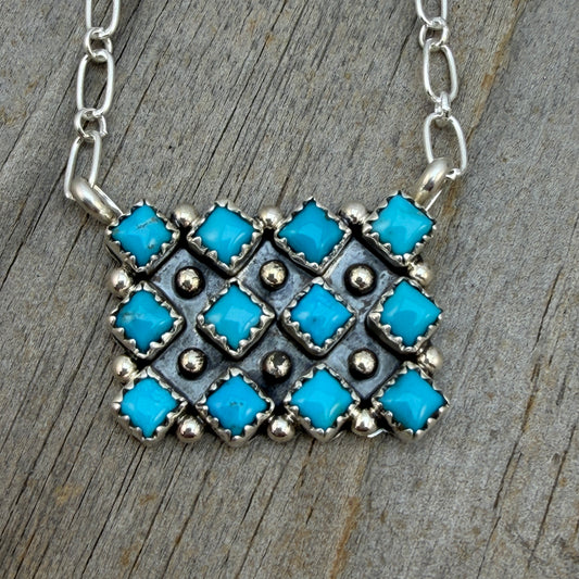18 1/2" Turquoise Square Station Necklace Navajo Sterling Silver Verley Betone 1