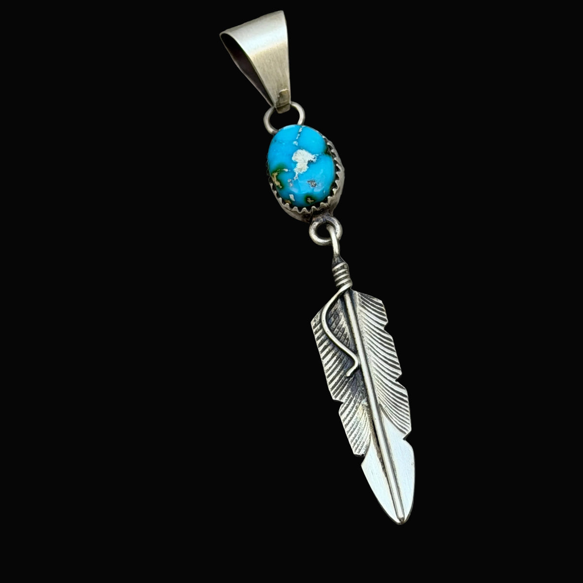 Blue Sonoran Gold Turquoise sterling silver Feather Pendant Chris Charley Navajo PD5