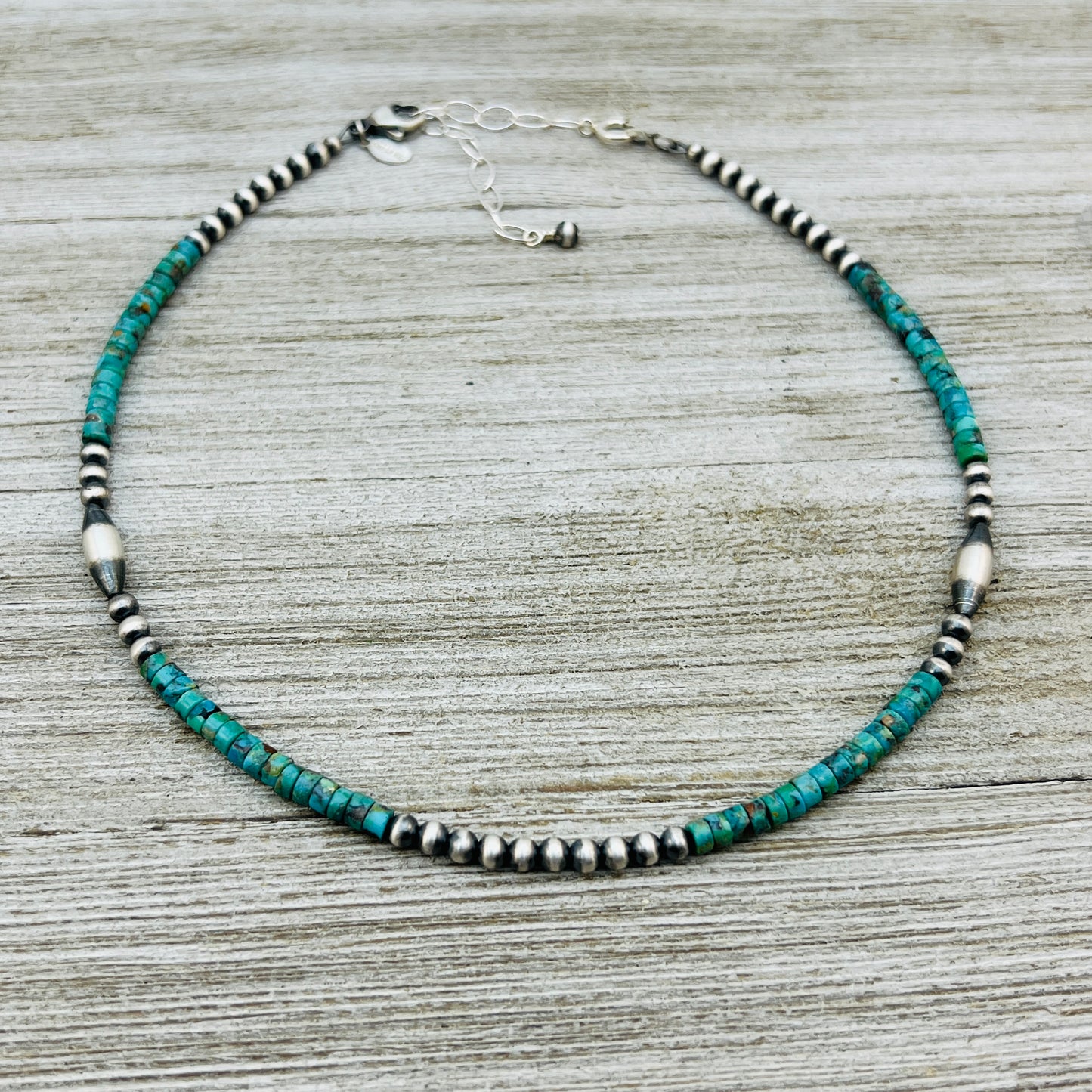 13" 14" 15" 16" 17" adjustable choker, Real Sterling Silver, oxidized, Turquoise Bead Necklace, Western Boho Pearl