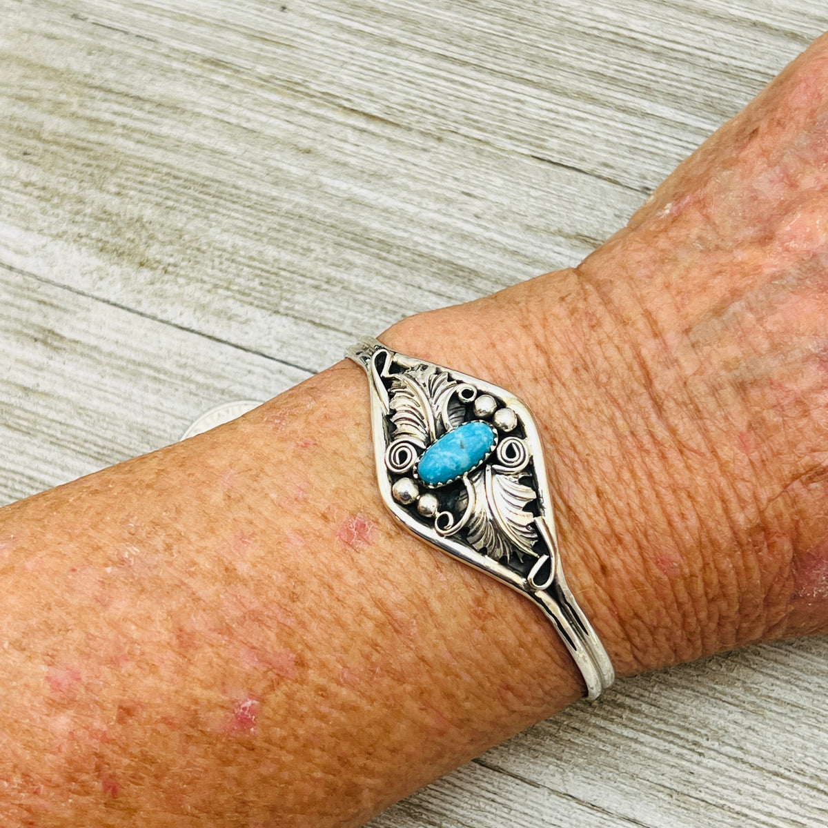 6 1/2" Stamped Navajo sterling silver Turquoise cuff bracelet Harry Yazzie BR67