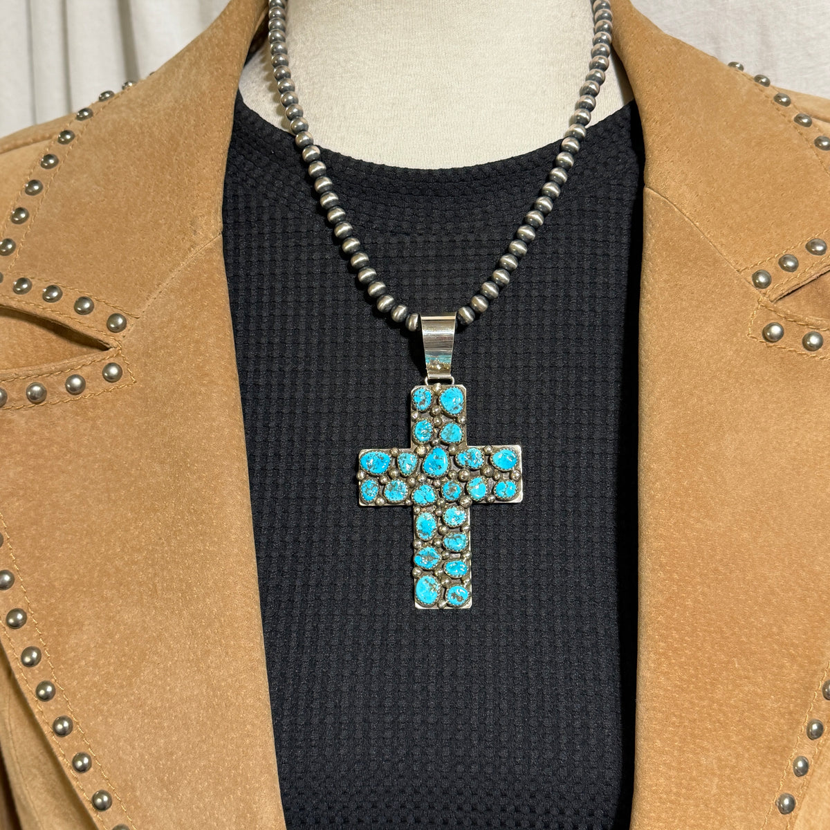Kingman Turquoise Cross Pendant Melvin Jones Navajo handmade Sterling silver PD2