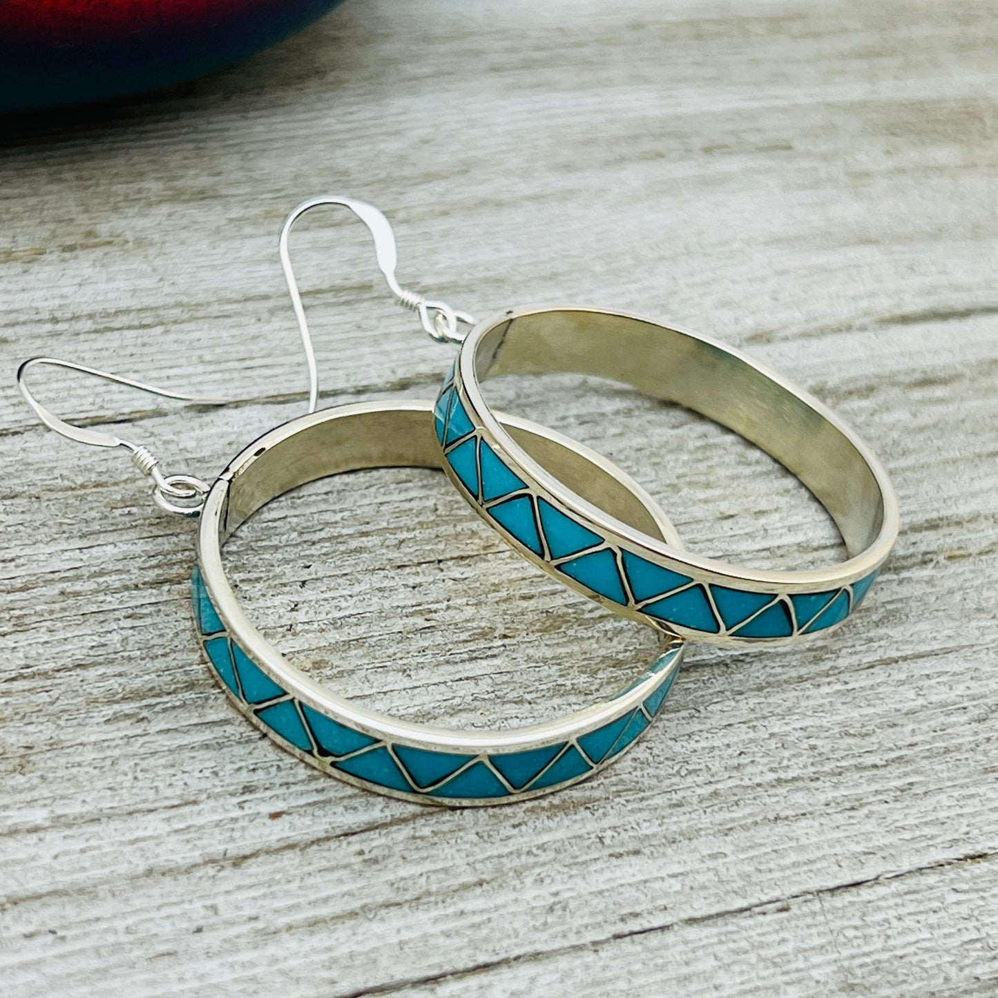 Modern Turquoise inlay Dangle hoop earrings Claudine Haloo Zuni Sterling silver ER43