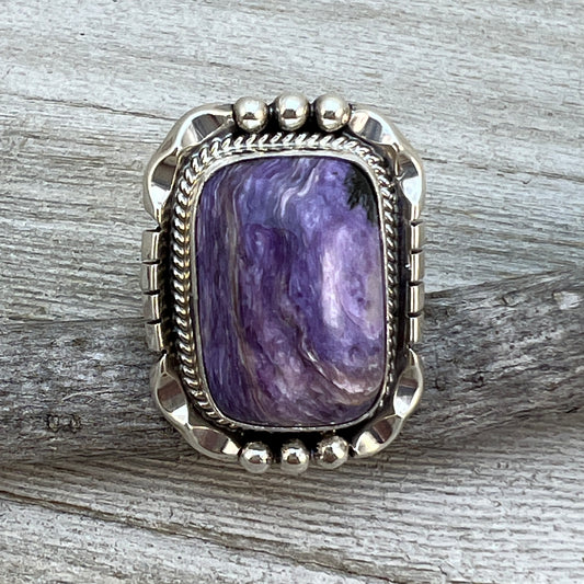 Size 9 Charoite sterling silver handmade ring #7, Navajo Samuel Yellowhair