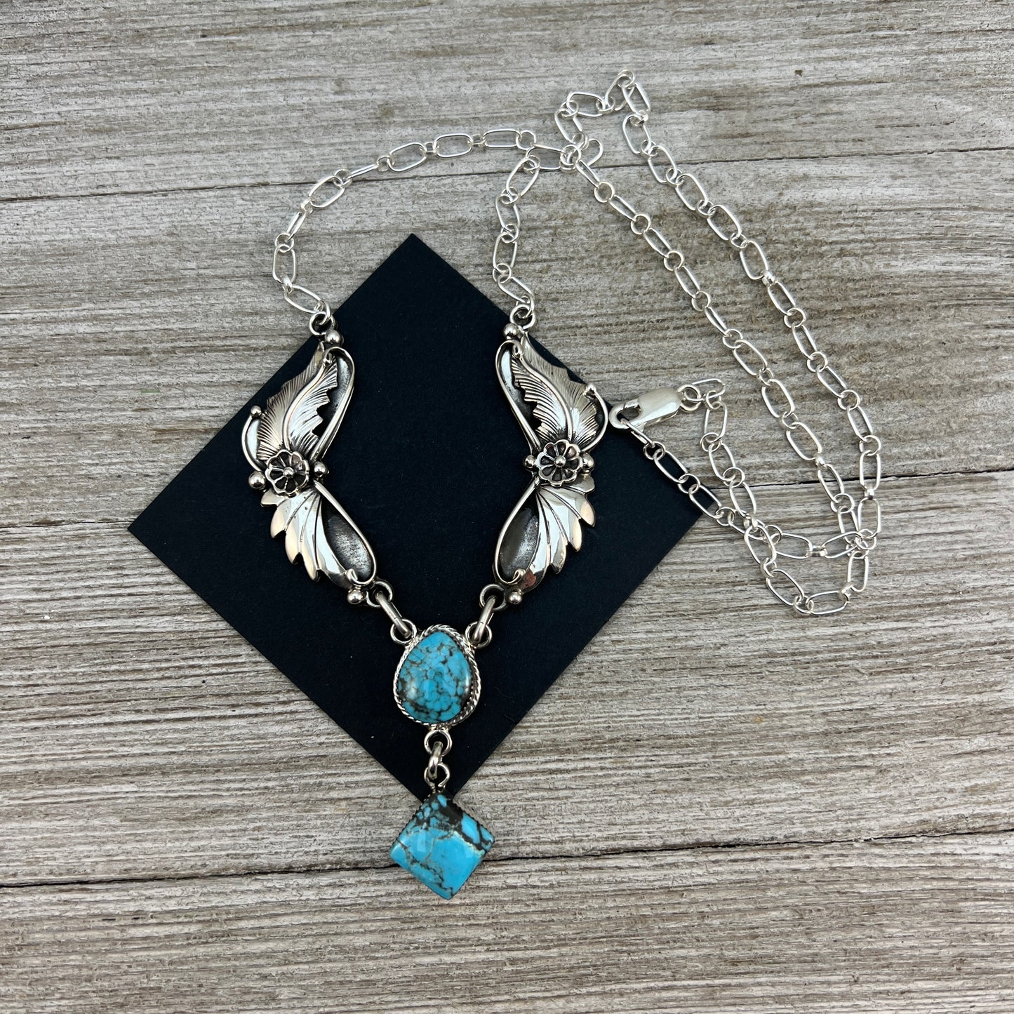 20" Floral leaf work necklace #3, Blue Kingman Turquoise, sterling silver, Navajo handmade by Sarah Yazzie