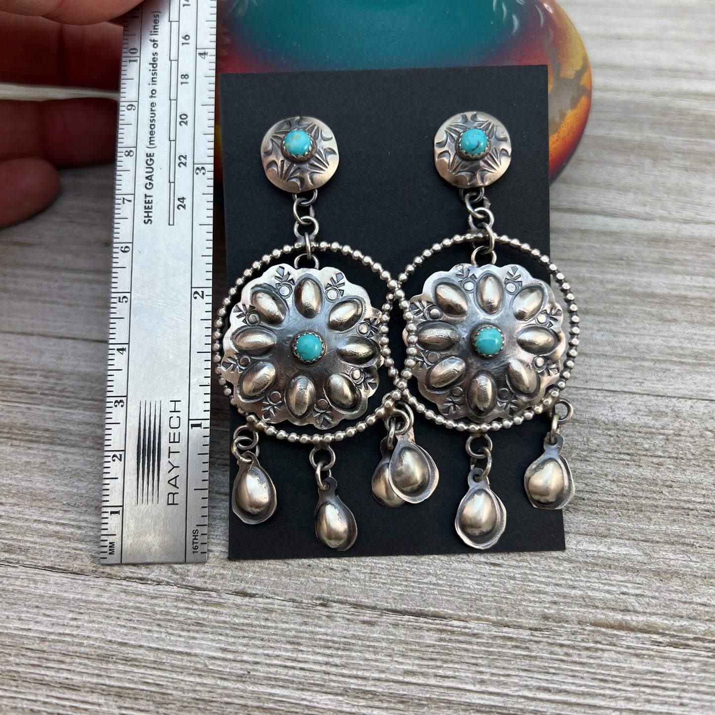 Long Dangle Concho earrings #1, sterling silver turquoise Gabrielle Yazzie signed