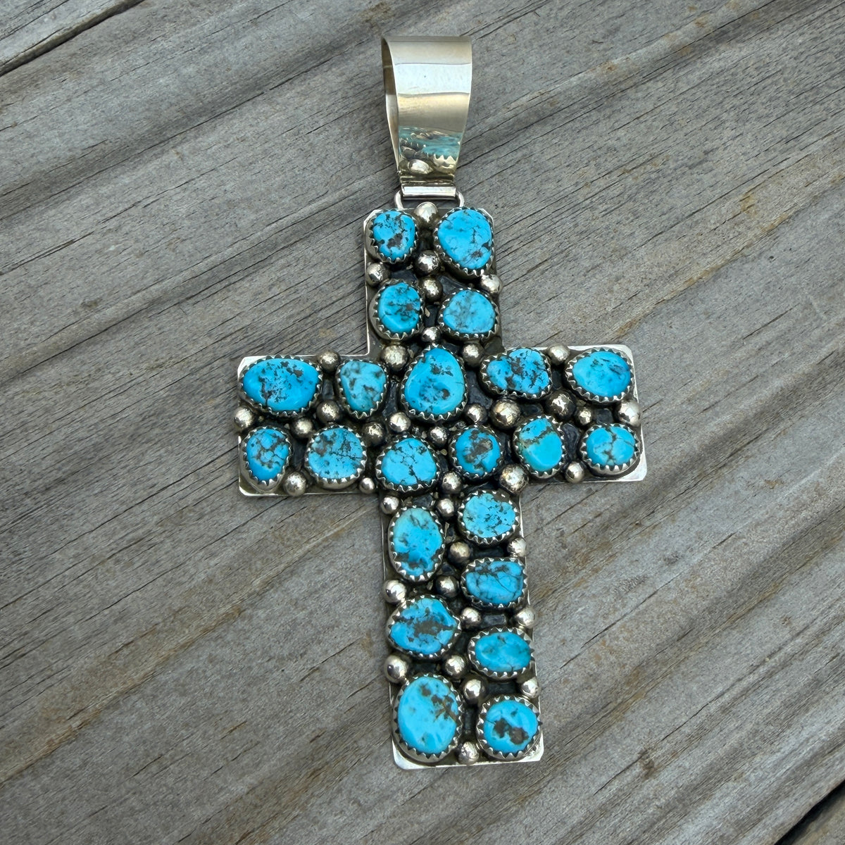 Kingman Turquoise Cross Pendant Melvin Jones Navajo handmade Sterling silver PD2
