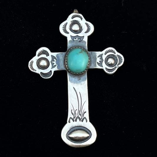 Turquoise Cross Pendant Sterling Silver Navajo handmade Martha Cayatineto