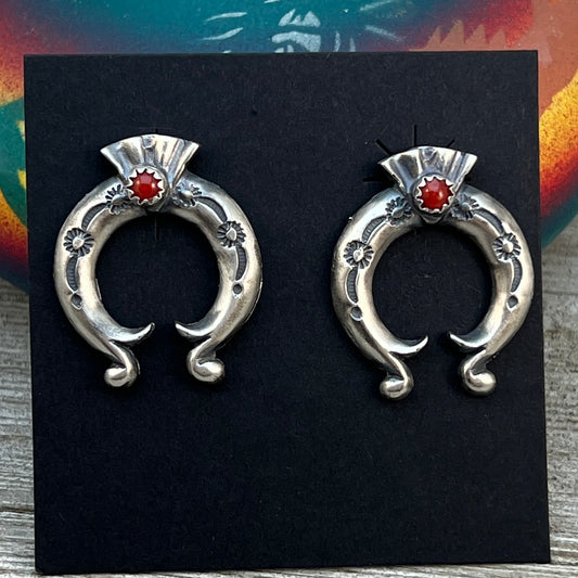 Red Mediterranean Coral Naja stud Earrings Navajo Adrienne Gordan Sterling Silver 1