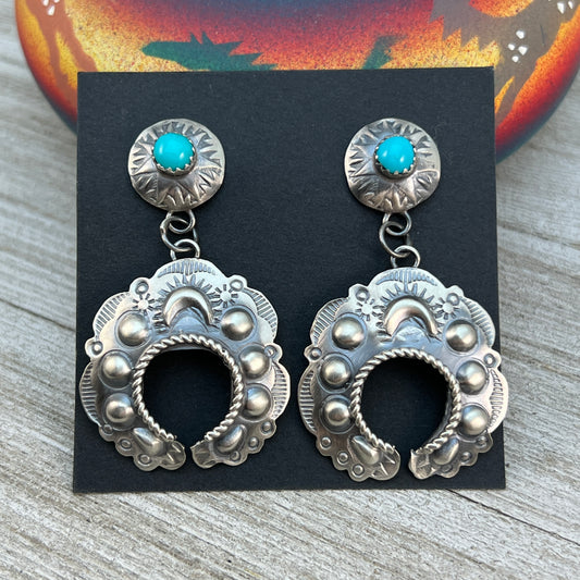 Sterling silver Turquoise Hand stamped naja concho earrings, Navajo Gabrielle Yazzie 2