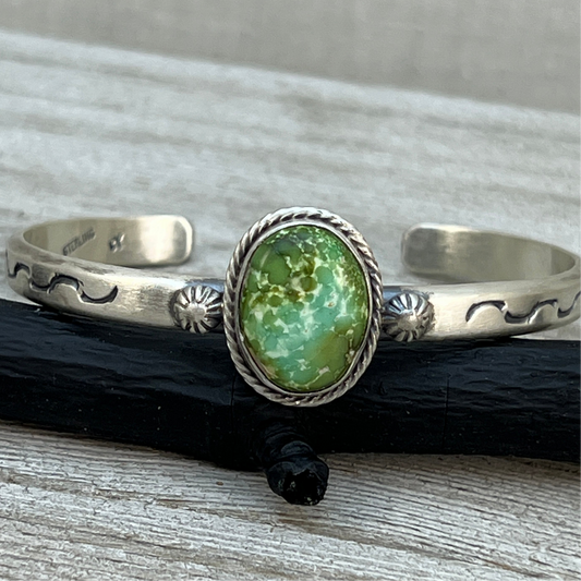 6.75" Green Sonoran Gold turquoise Cuff Bracelet, Sterling Silver Navajo Samuel Yellowhair