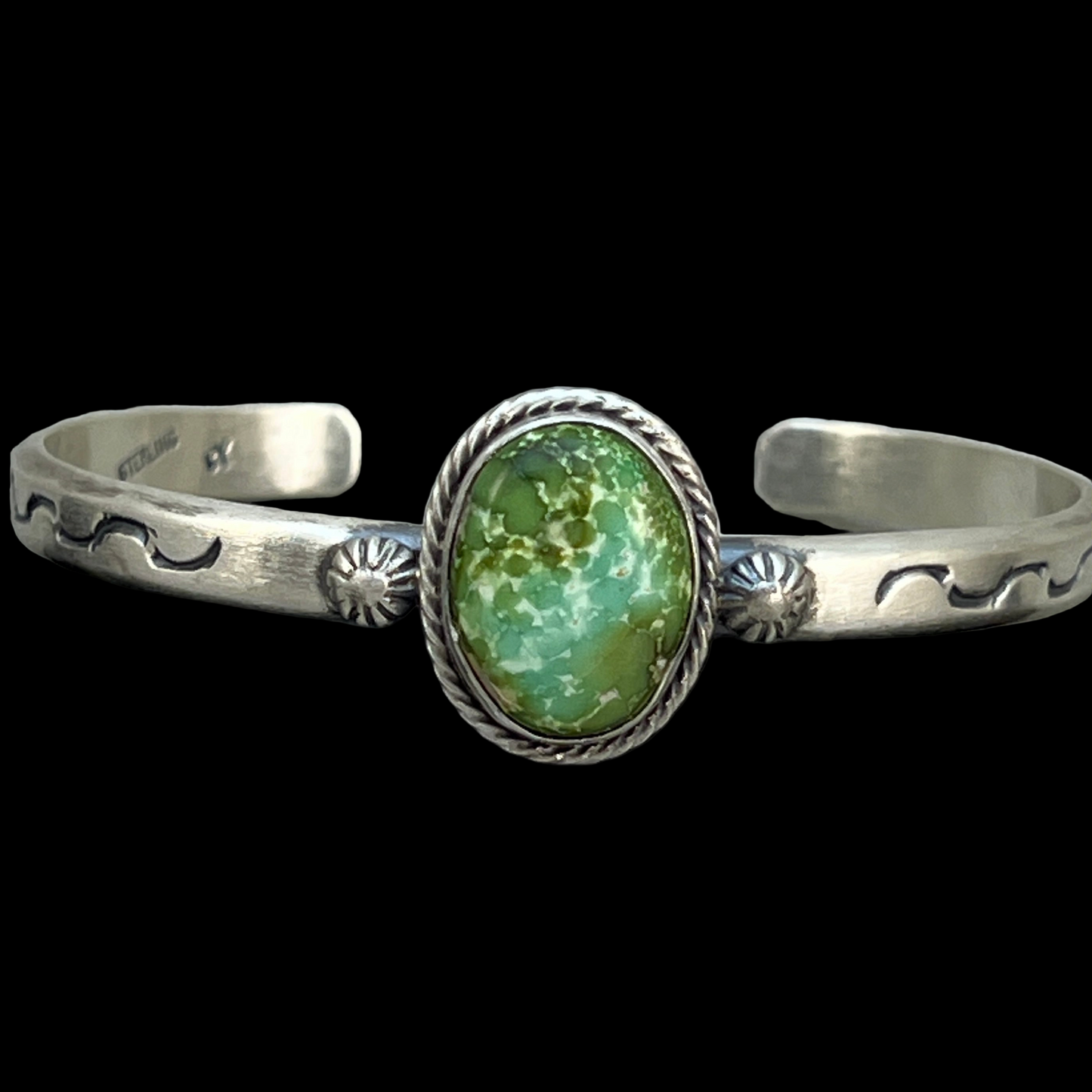 6.75" Green Sonoran Gold turquoise Cuff Bracelet, Sterling Silver Navajo 21 Samuel Yellowhair