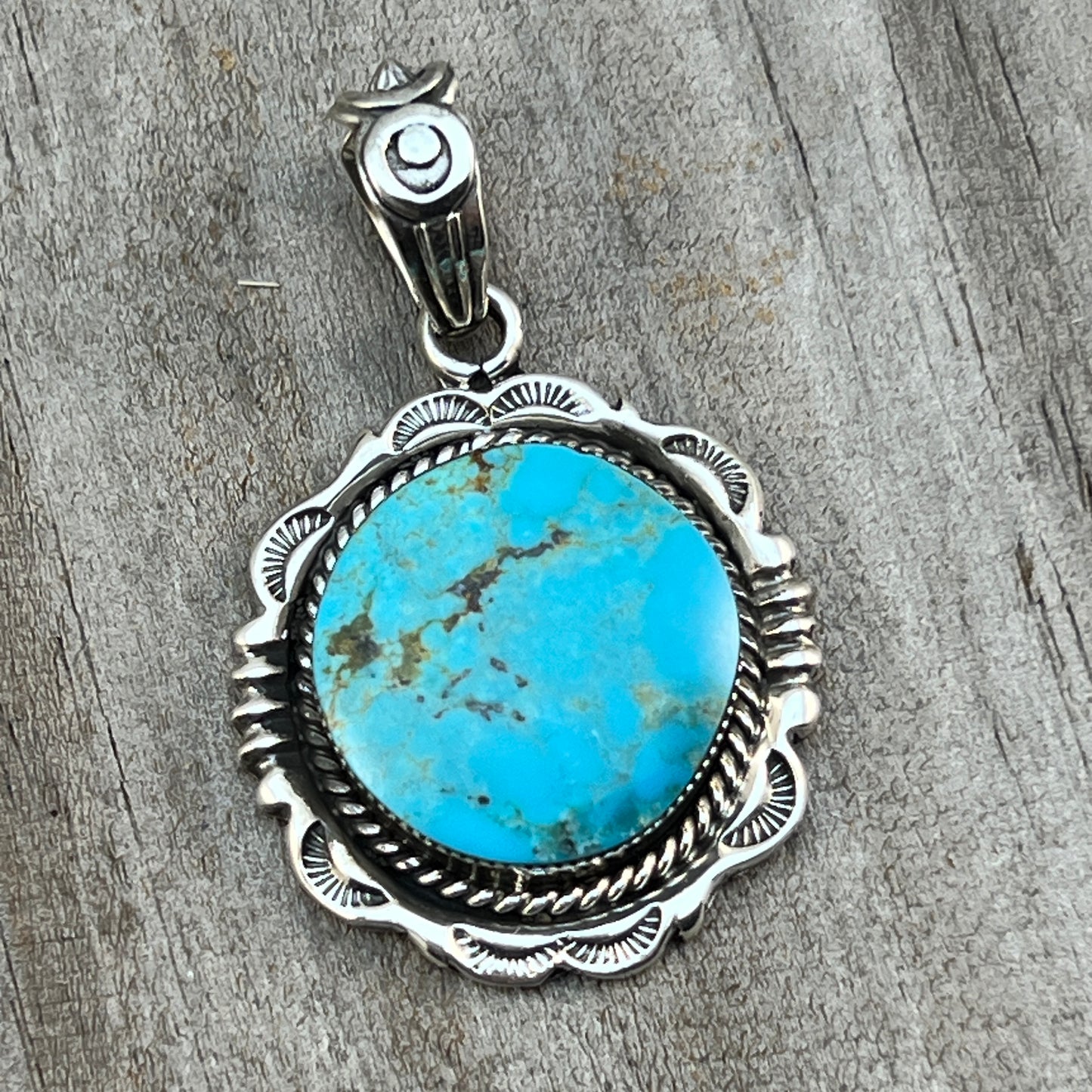 Kingman Turquoise Pendant Sterling silver Navajo handmade Jeremy Delgarito 551