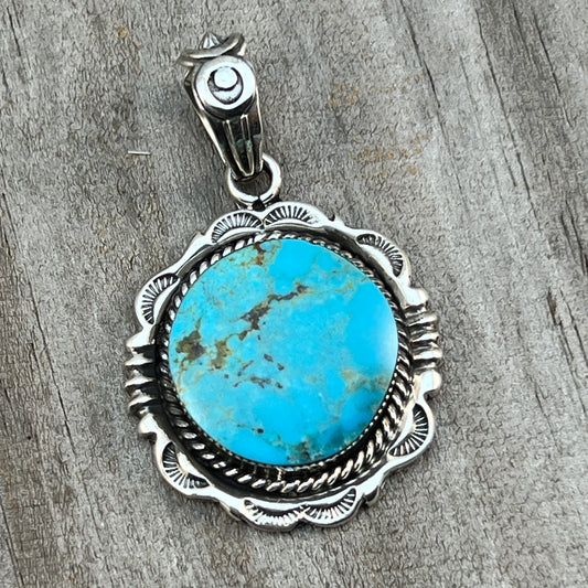 Kingman Turquoise Pendant Sterling silver Navajo handmade Jeremy Delgarito 551