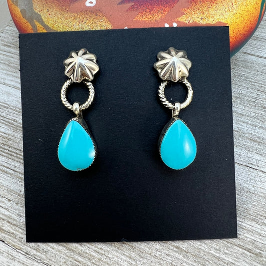 Turquoise teardrop dangle earrings #3, with small concho button post, sterling silver, Kingman Turquoise, Navajo handmade by Sheena Jack