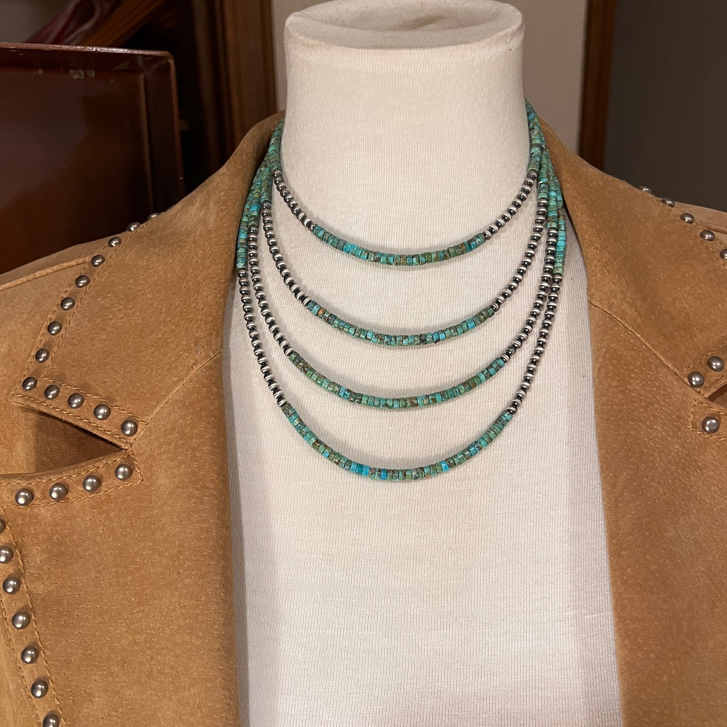 4mm Kingman Turquoise Heishi Necklace with Sterling silver Oxidized Pearls, Southwest Western Jewelry