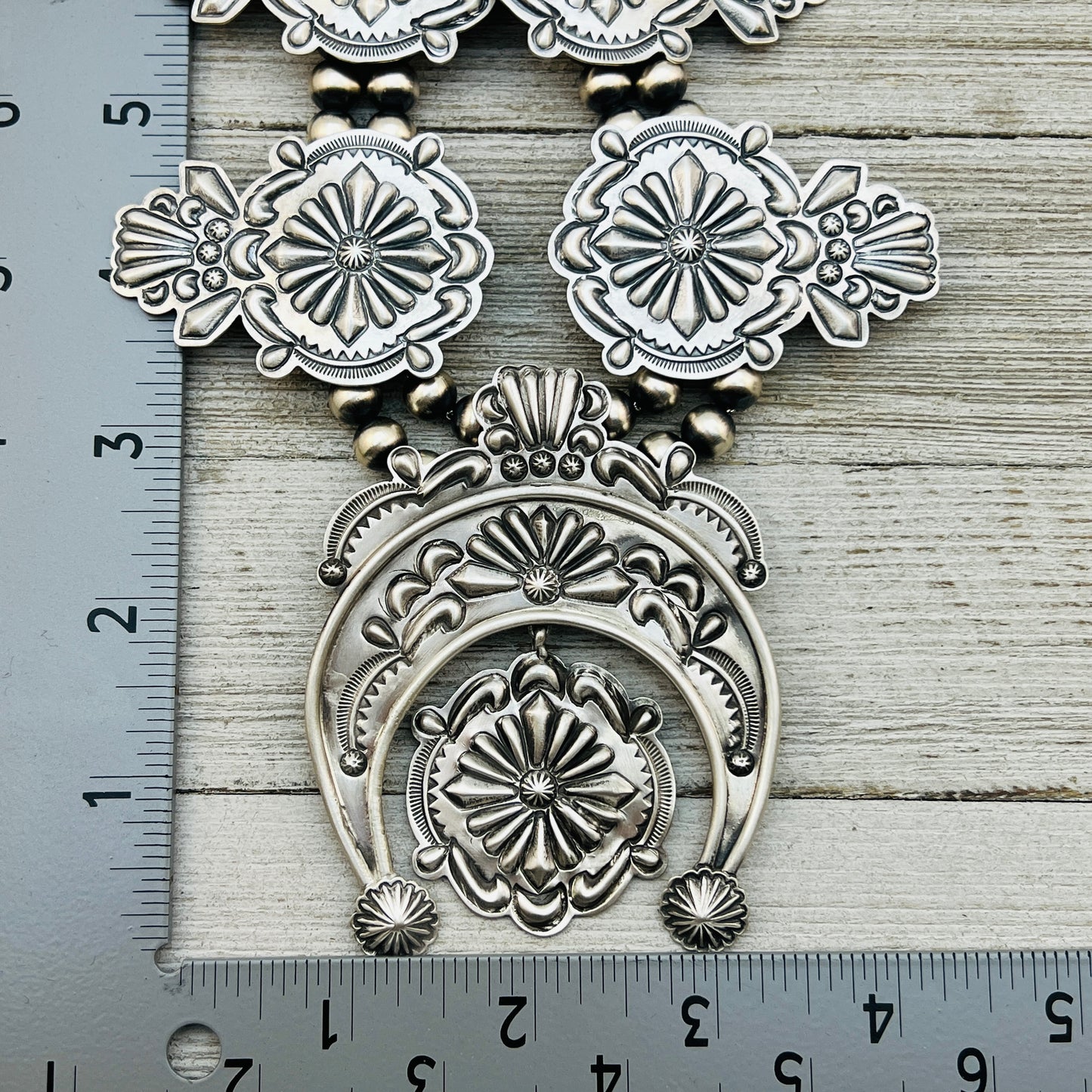 Large all silver Terry Charlie Squash Blossom Necklace Stamped repousse Navajo handmade NK1