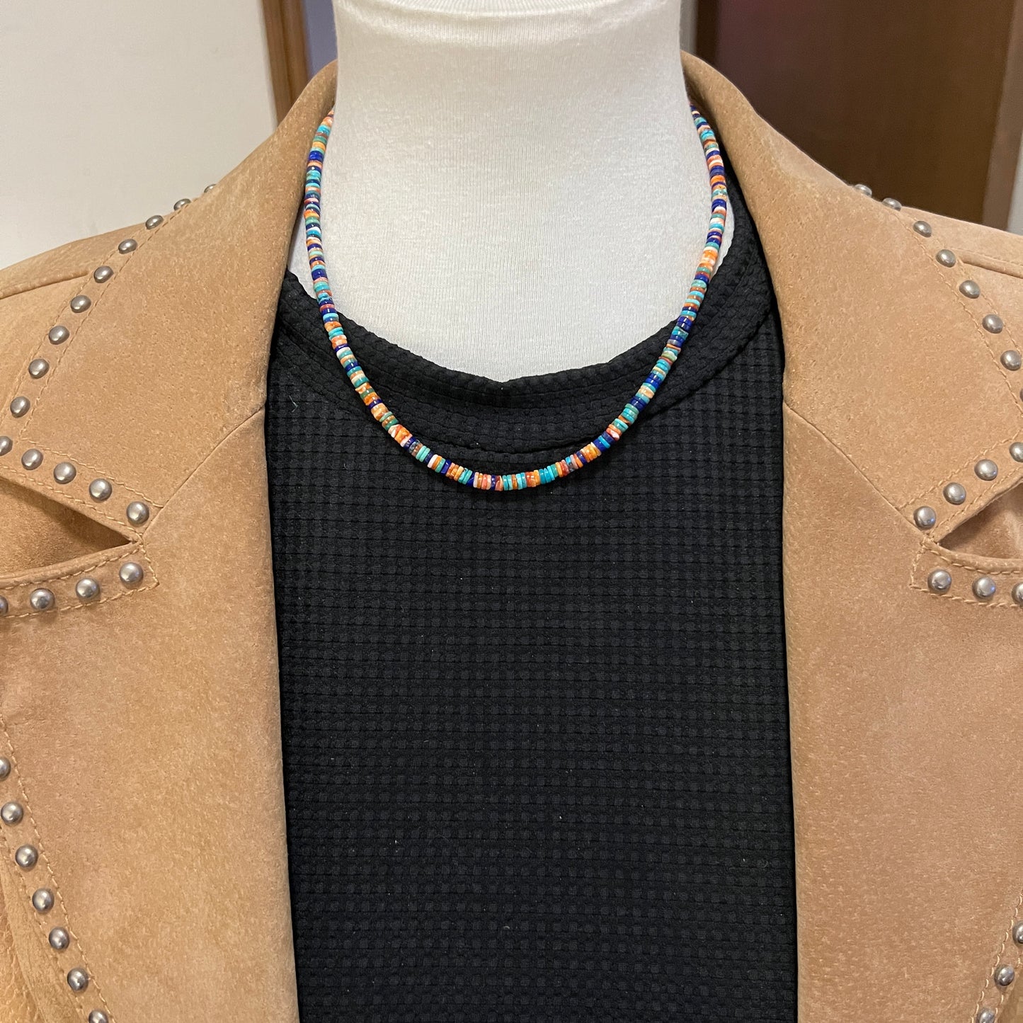 17", 4mm heishi bead necklace choker, blue turquoise lapis red orange spiny oyster shell