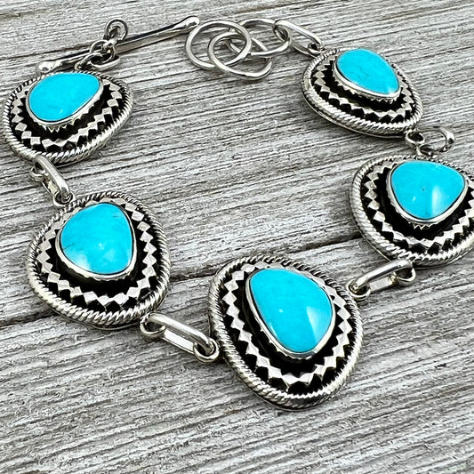 Kingman turquoise link bracelet, sterling silver, adjustable 7.5", 8", 8.5", Navajo handmade jewelry, long large bracelet toggle clasp