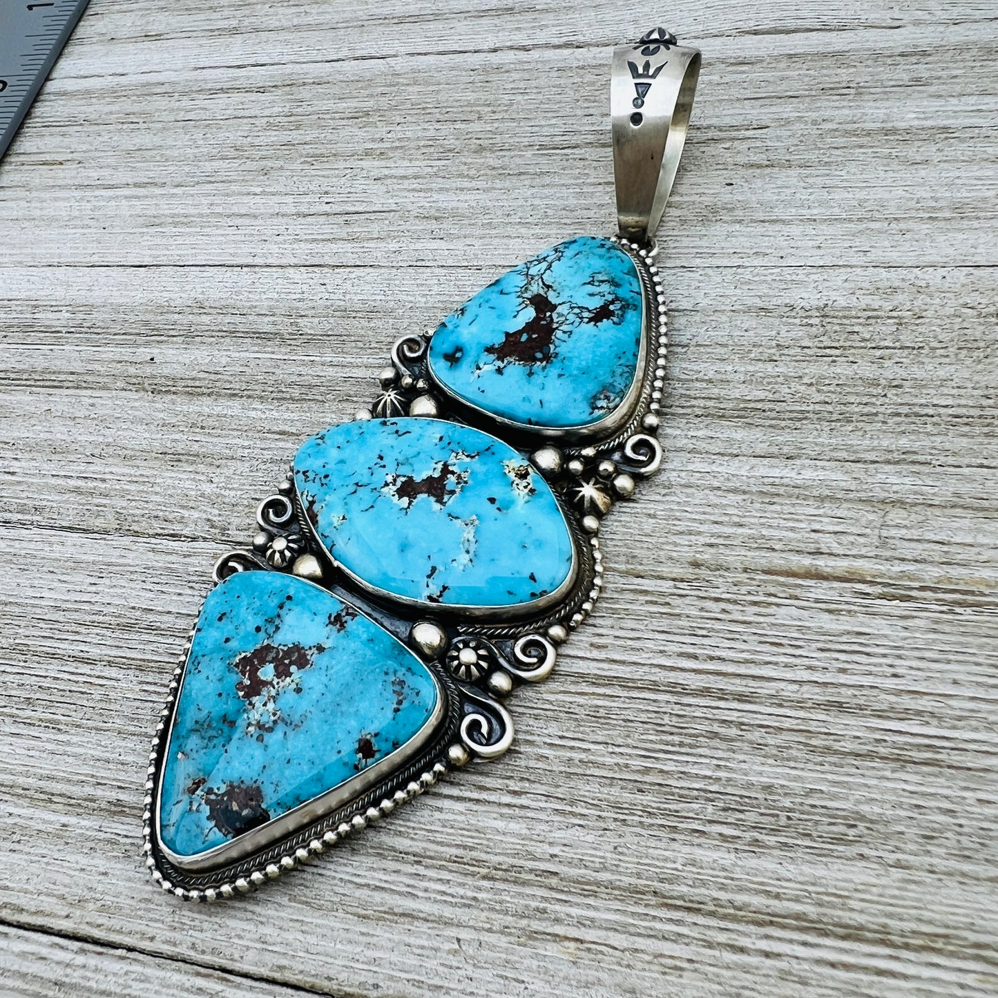 Very Large Blue Kingman Turquoise Pendant Sterling silver Navajo handmade Kathleen Livingston