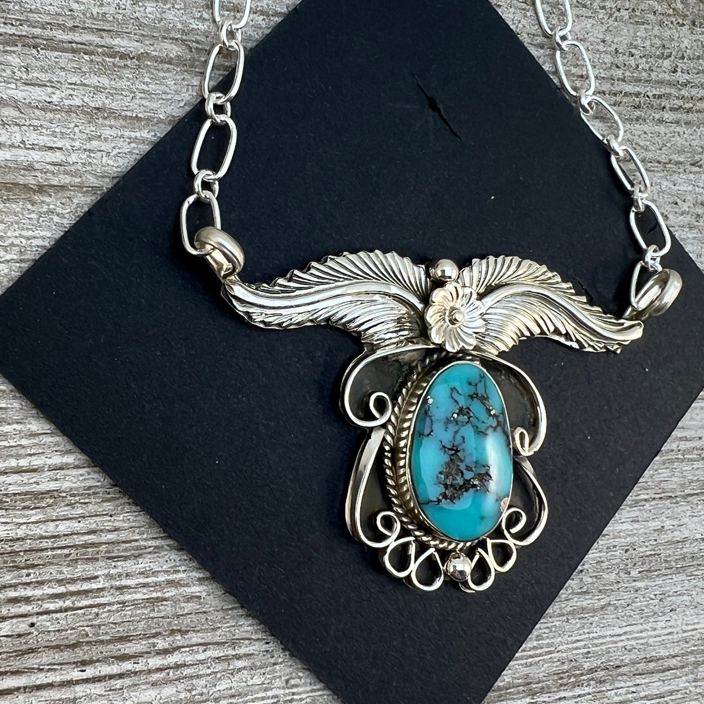 19" Floral leaf work necklace Kingman Turquoise, sterling silver, Navajo handmade by Sadie Jim