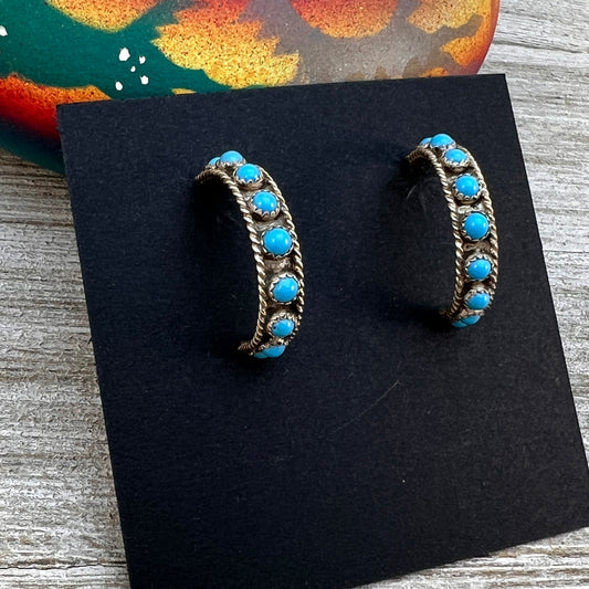 Zuni Snake Eye, Turquoise Dot 7/8" Hoop Earrings, Chester Charley