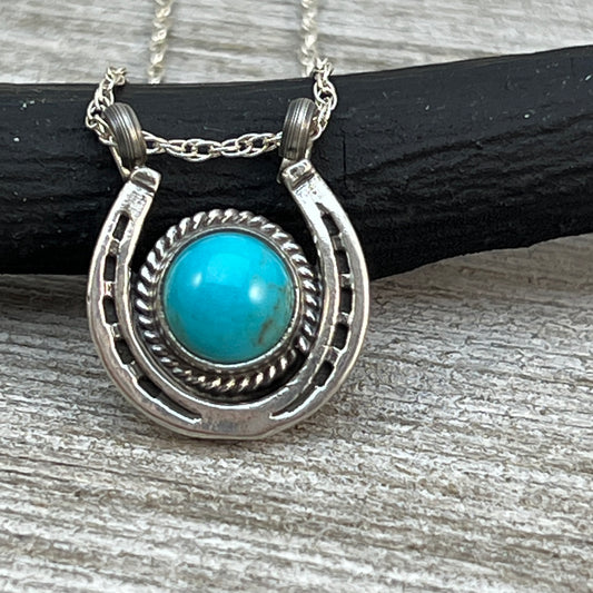 18" Sterling Silver Turquoise Horseshoe Necklace Cowgirl Rodeo Jewelry Annette Chiquito